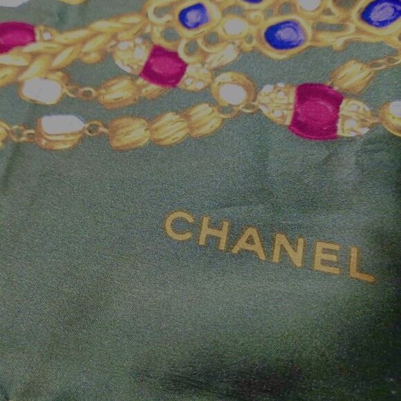 Authentic CHANEL Olive Green Multi Color 100% Silk Scarf - Picture 3 of 6